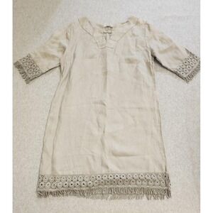 Alessia Pacini Tunic Dress Womens Small Beige Linen Crochet Fringe Made in Italy